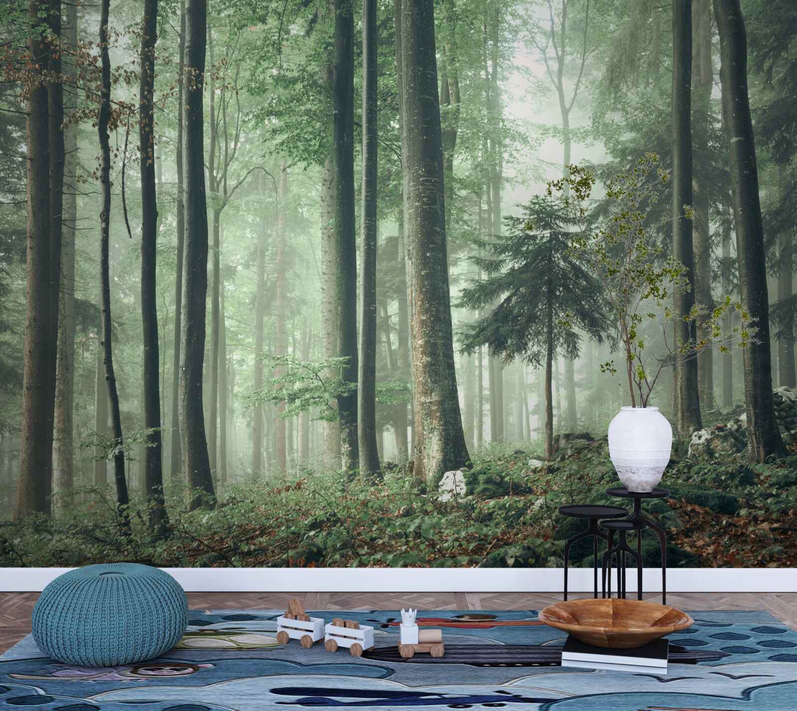 Fototapeten Licht durch den Nebel im Wald von Laubbäumen