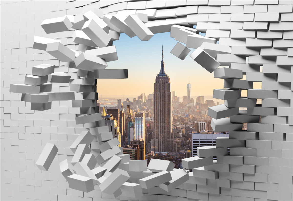 Fototapeten Blick durch die beschädigte Mauer des Empire State Building