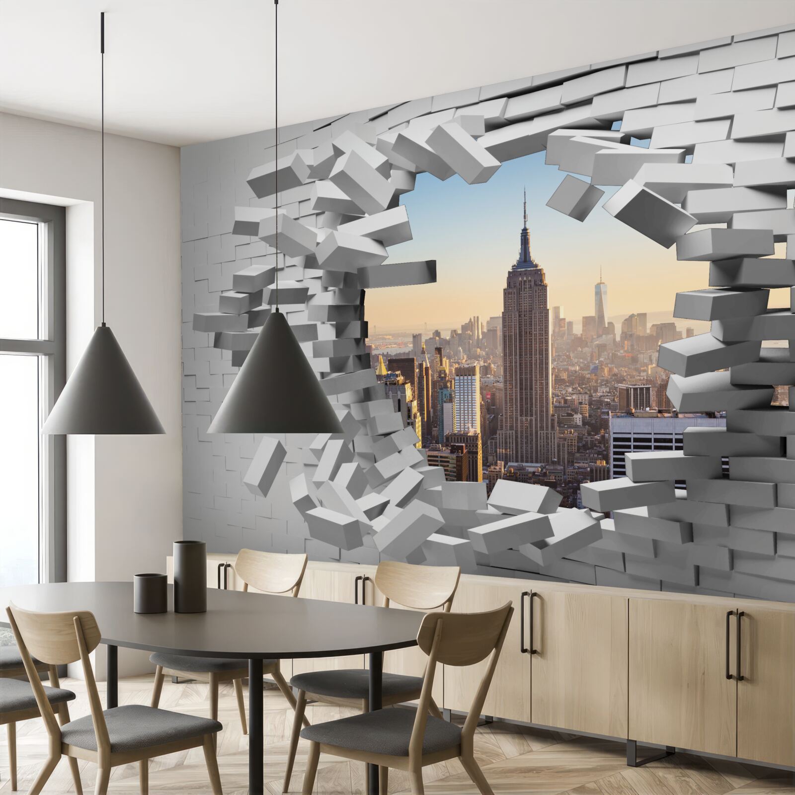 Fototapeten Blick durch die beschädigte Mauer des Empire State Building
