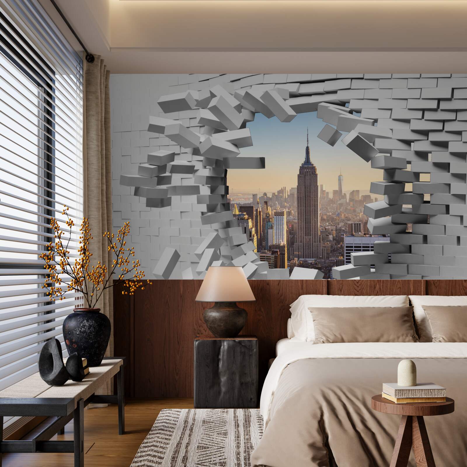 Fototapeten Blick durch die beschädigte Mauer des Empire State Building