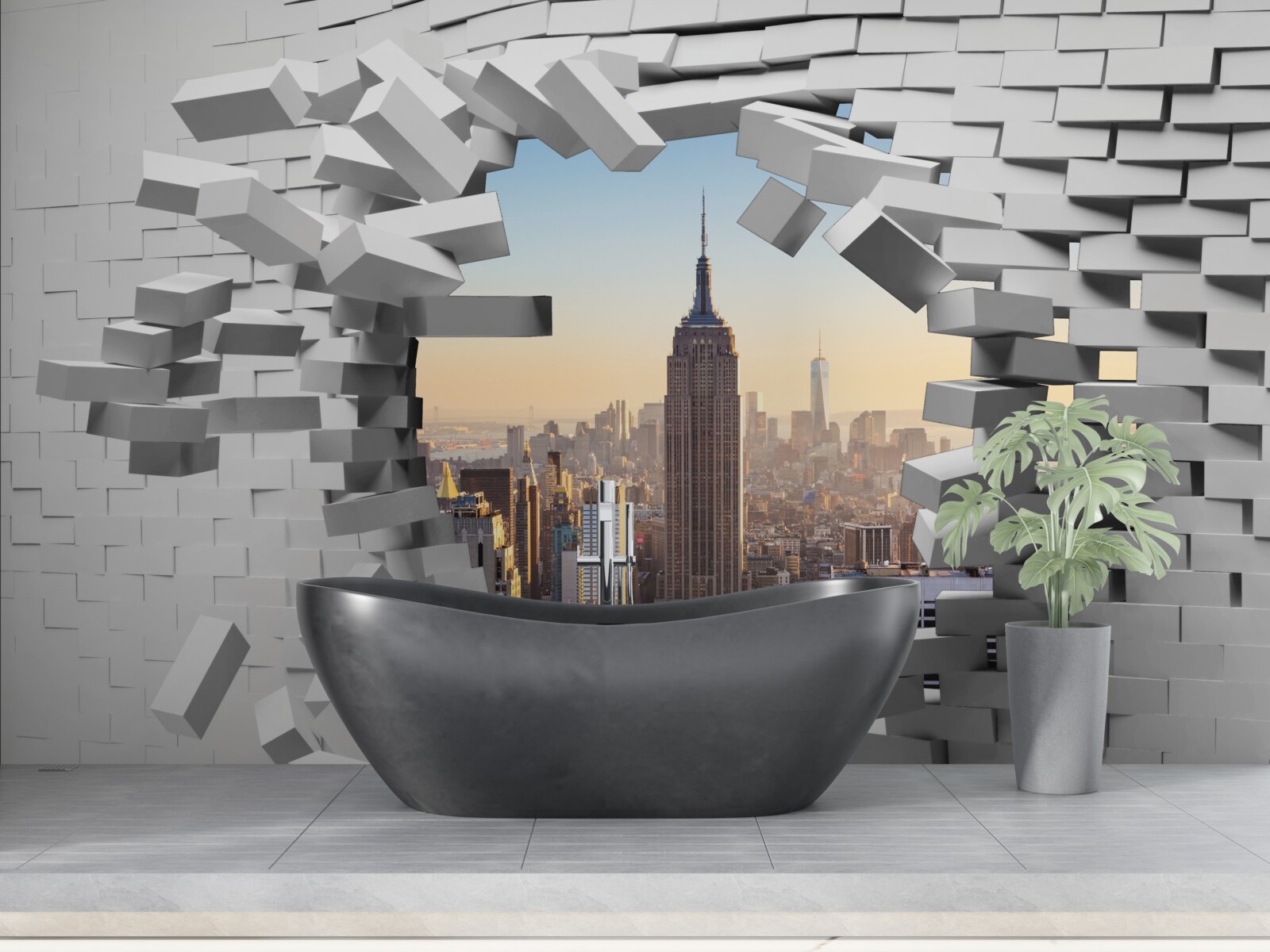 Fototapeten Blick durch die beschädigte Mauer des Empire State Building