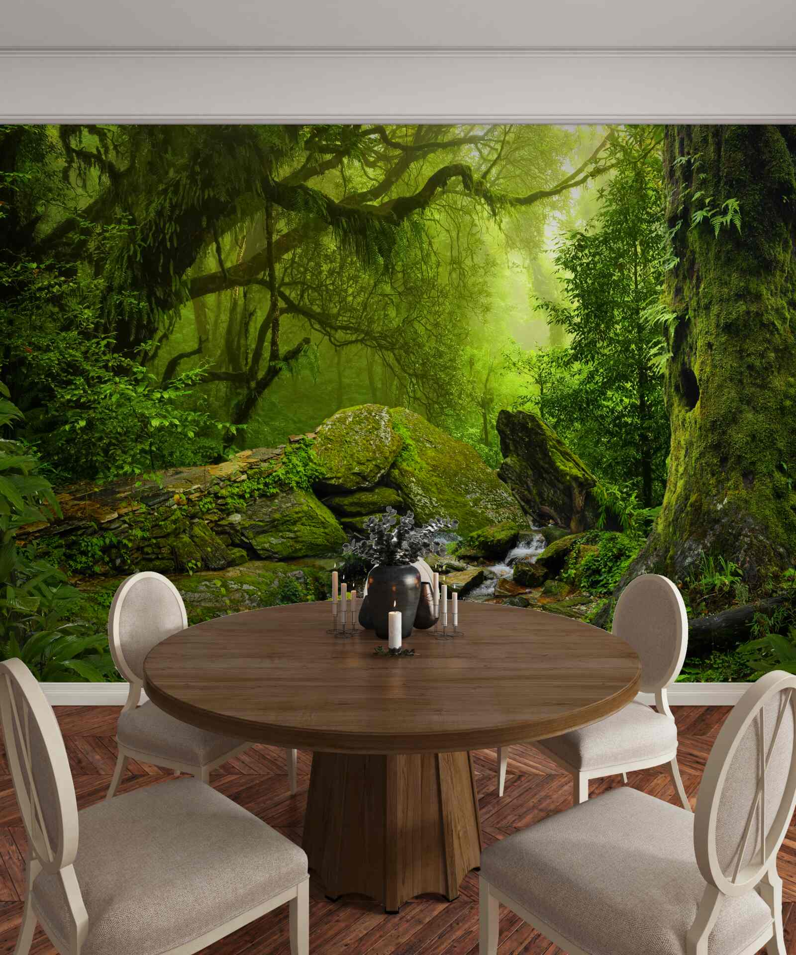 Fototapeten Grüner Wald mit Wasserfall