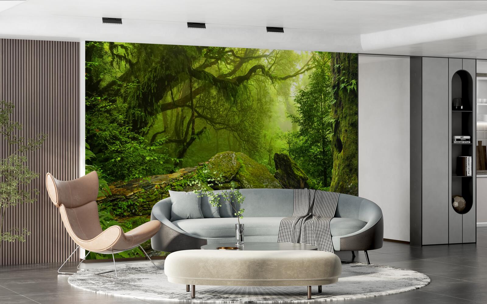 Fototapeten Grüner Wald mit Wasserfall