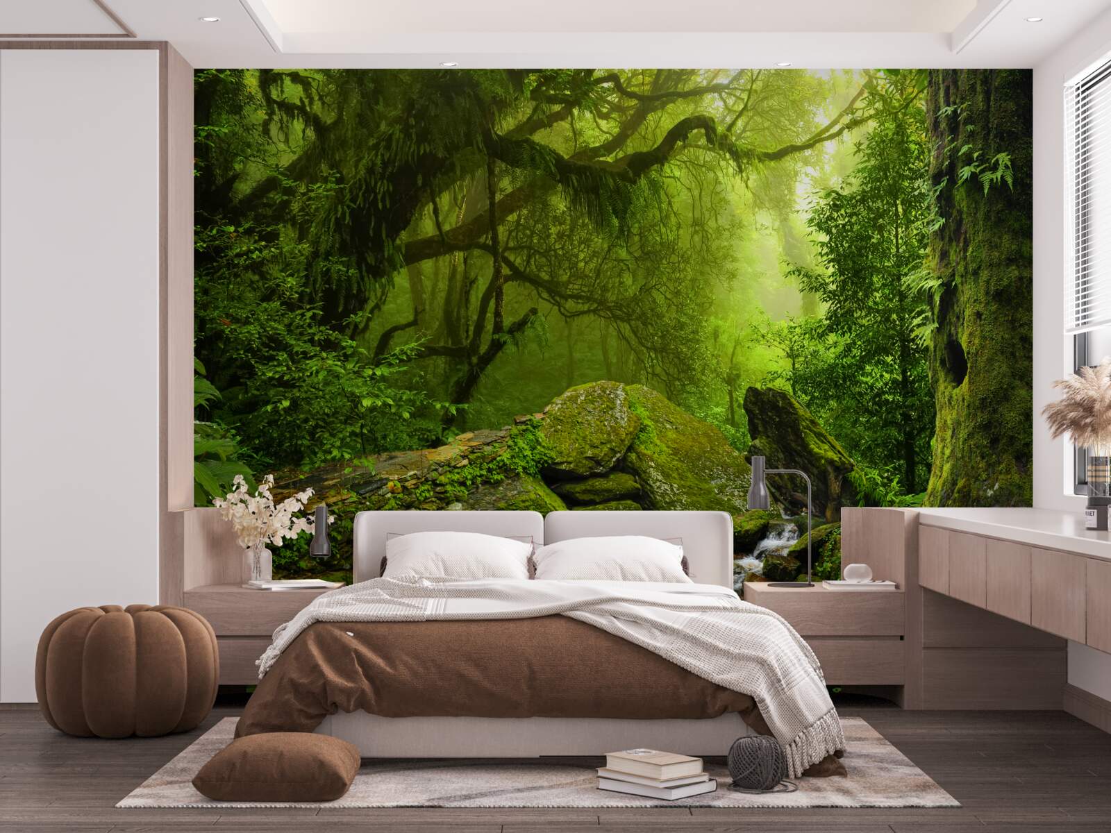 Fototapeten Grüner Wald mit Wasserfall