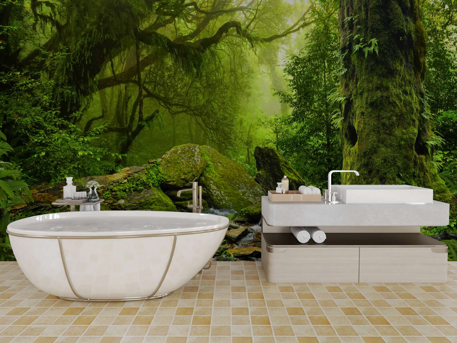 Fototapeten Grüner Wald mit Wasserfall