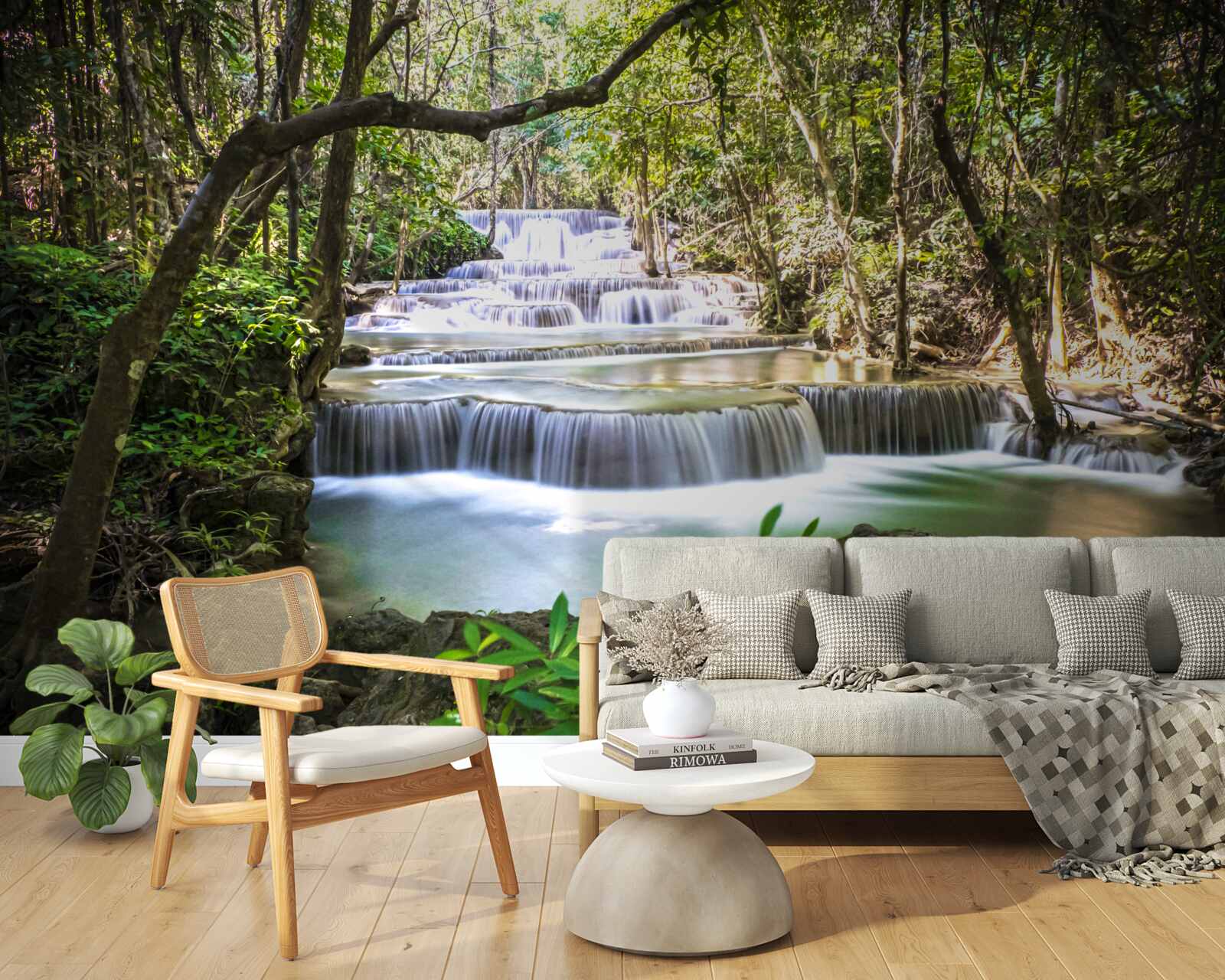 Fototapeten Waldwasserfälle fallen mit einer Kaskade im Morgengrauen