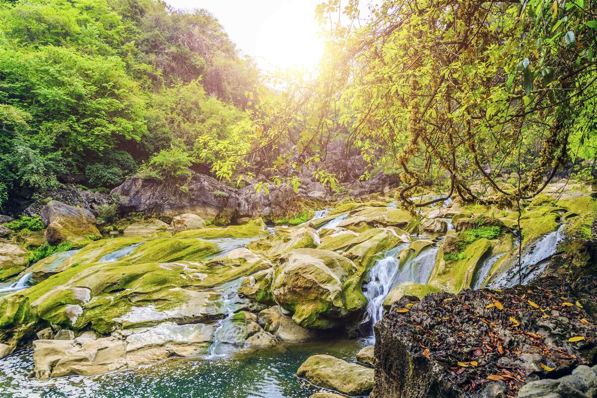 Fototapeten Sonnenaufgang über den Fluss mit seiner farbenfrohen Natur