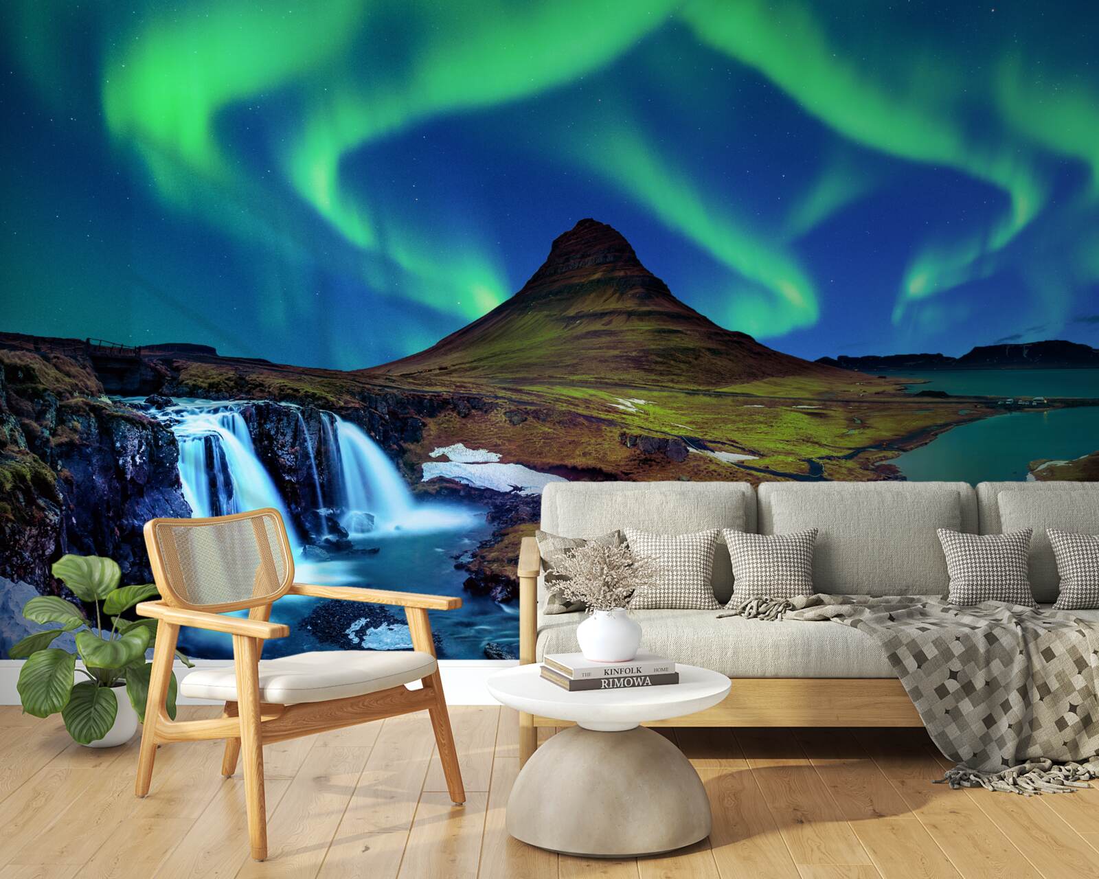 Fototapeten Der Wasserfall präsentiert eine atemberaubende polare Aurora