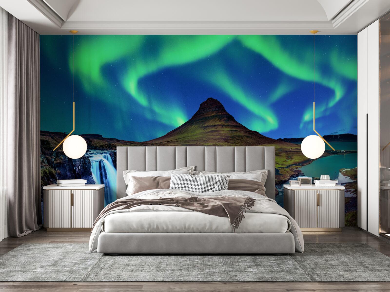Fototapeten Der Wasserfall präsentiert eine atemberaubende polare Aurora