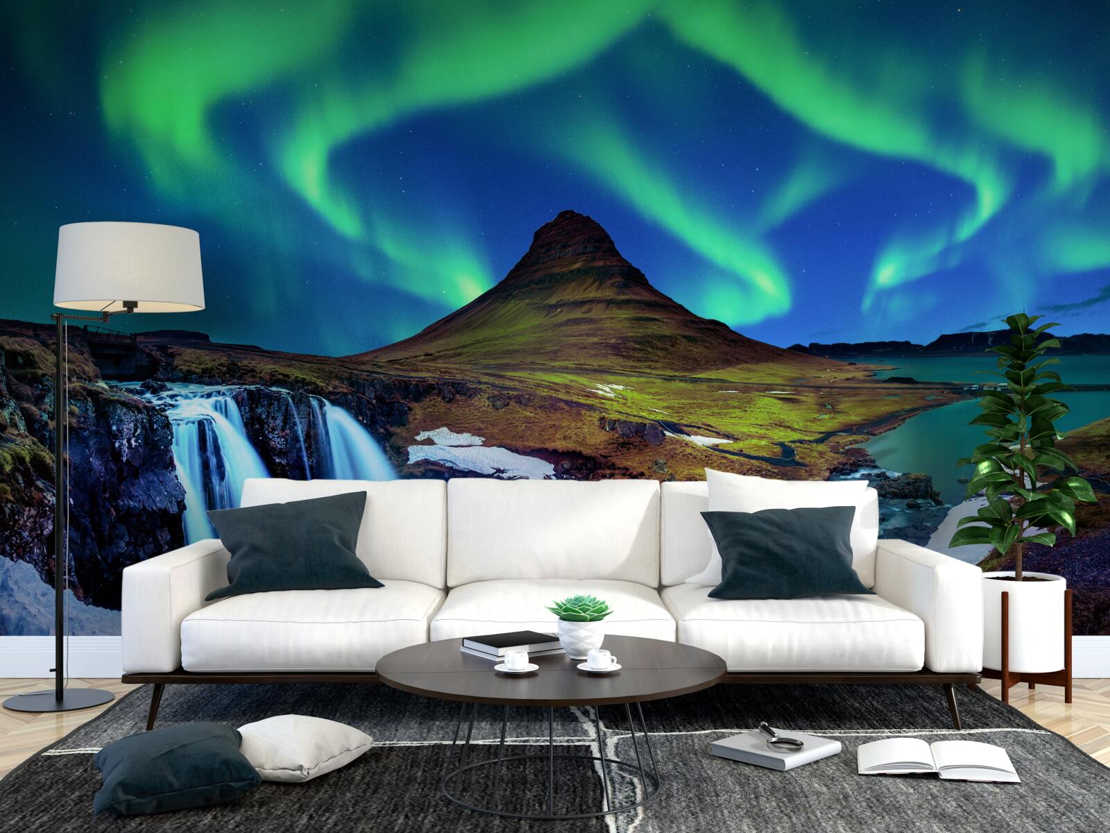 Fototapeten Der Wasserfall präsentiert eine atemberaubende polare Aurora