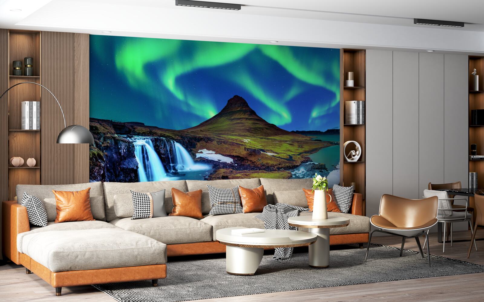 Fototapeten Der Wasserfall präsentiert eine atemberaubende polare Aurora