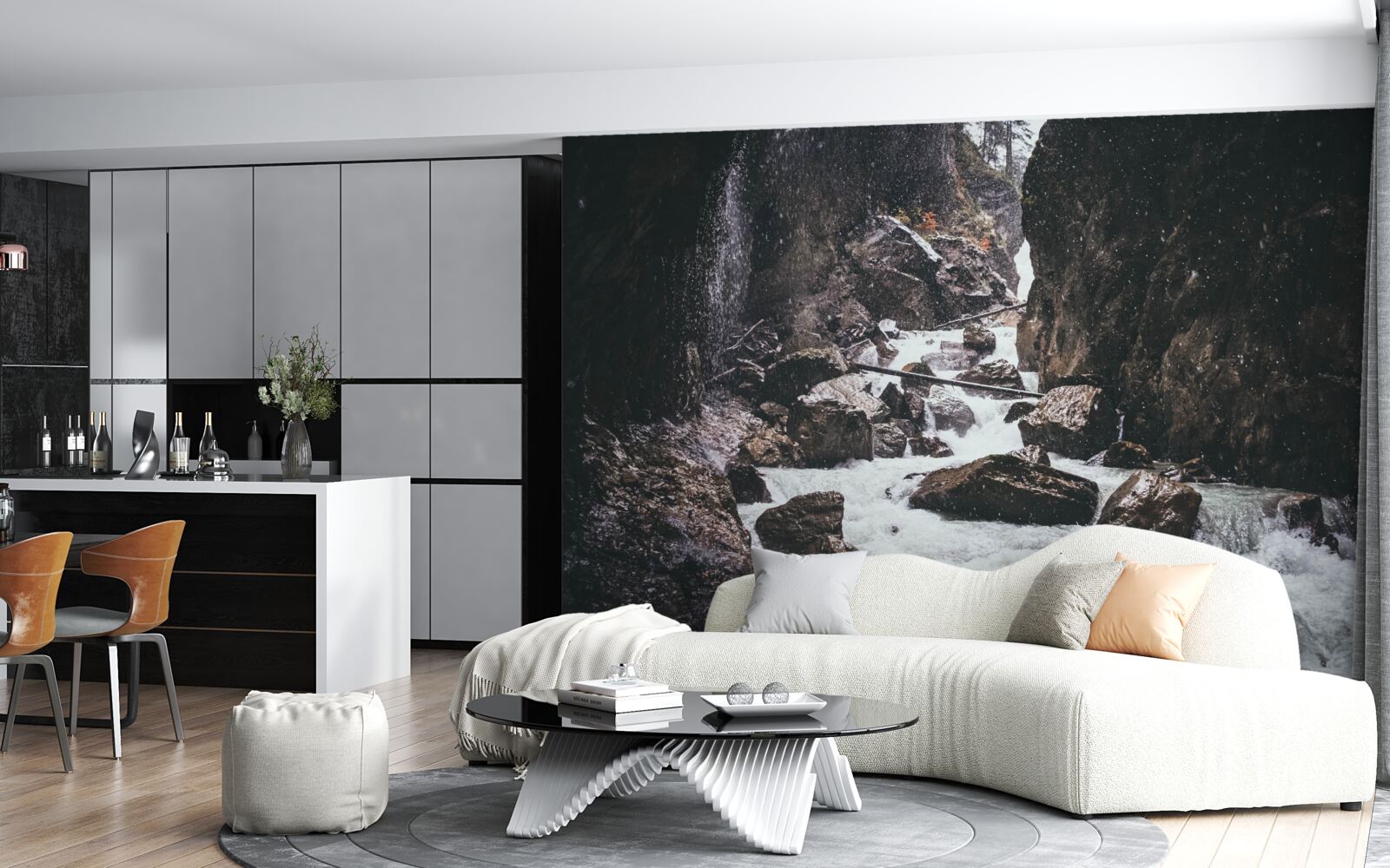 Fototapeten Es gibt einen majestätischen Bergwasserfall zwischen den Felsen