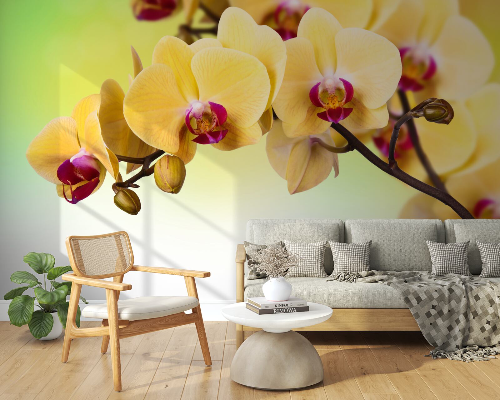 Fototapeten Ein Zweig der gelben Orchideenblüte in Farbe