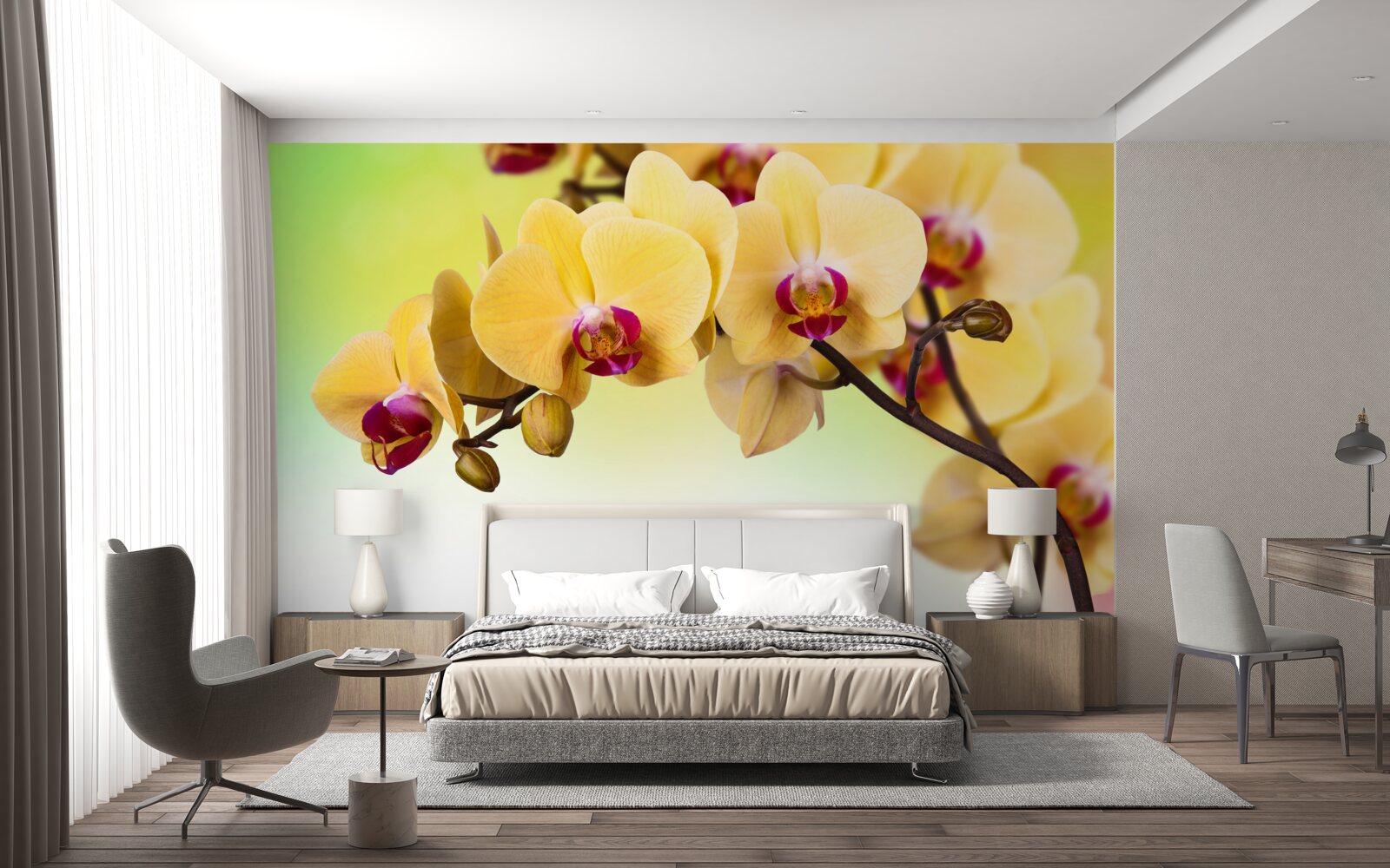 Fototapeten Ein Zweig der gelben Orchideenblüte in Farbe