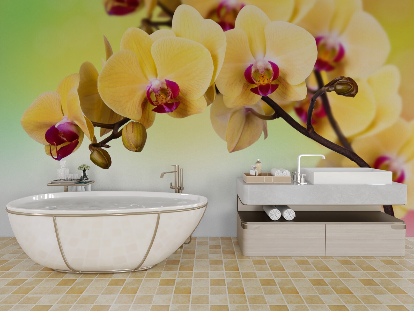 Fototapeten Ein Zweig der gelben Orchideenblüte in Farbe