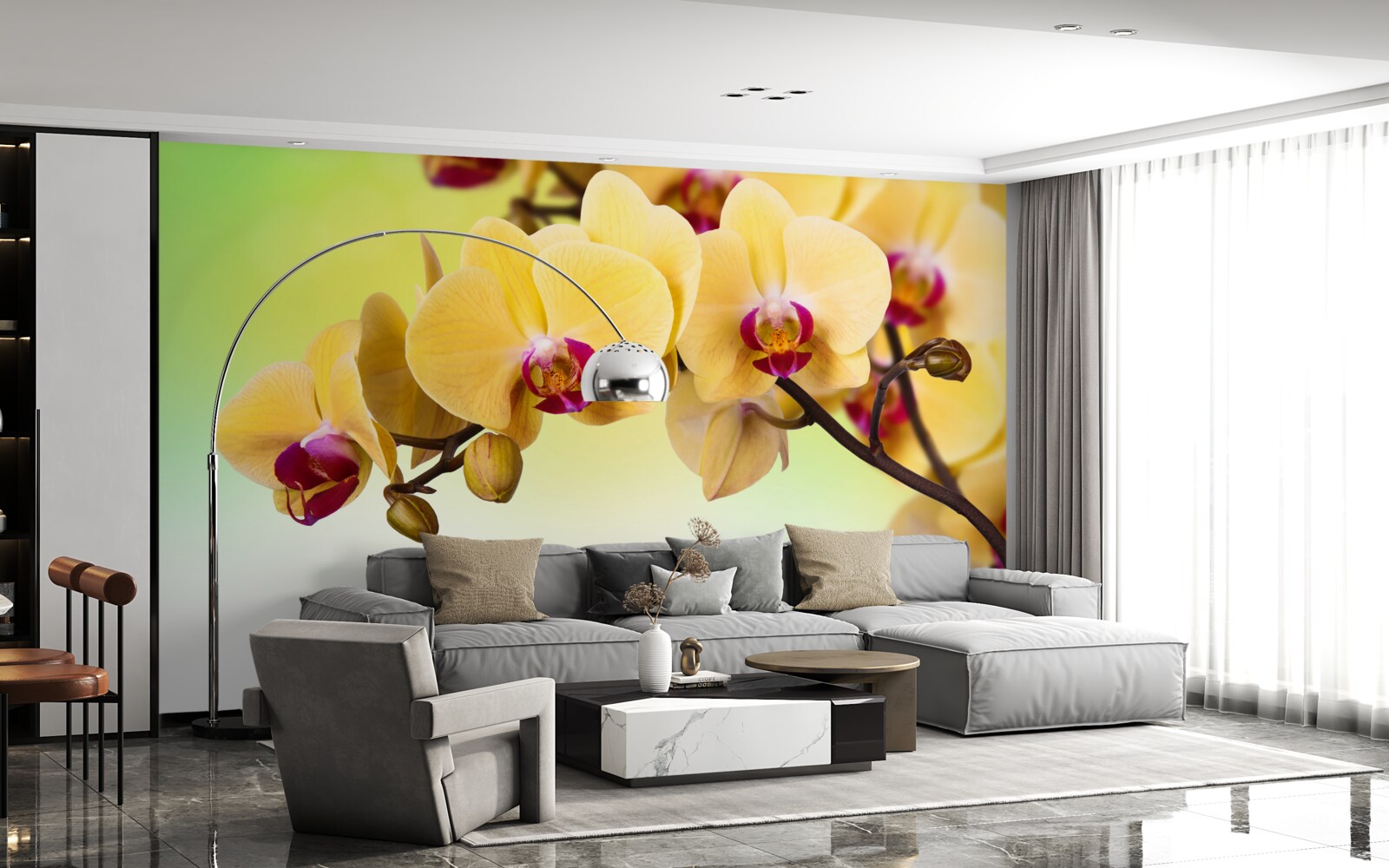 Fototapeten Ein Zweig der gelben Orchideenblüte in Farbe