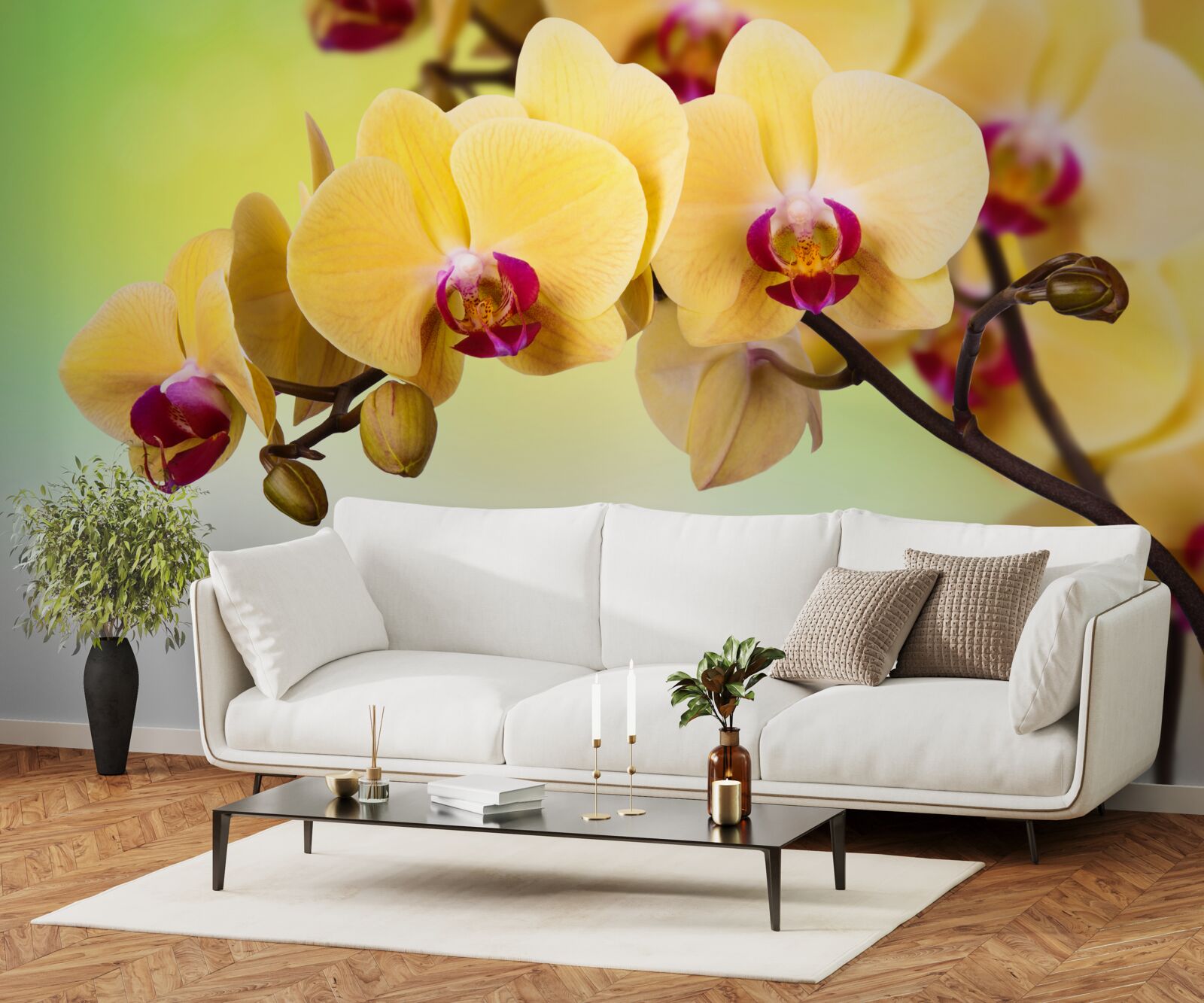 Fototapeten Ein Zweig der gelben Orchideenblüte in Farbe