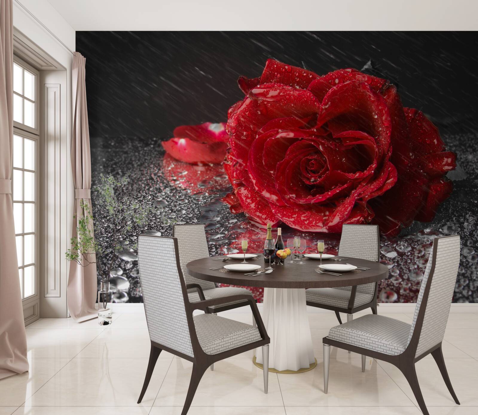 Fototapeten Rose im Regen, rot wie Blut