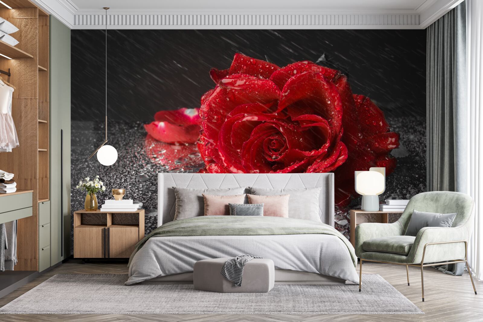 Fototapeten Rose im Regen, rot wie Blut