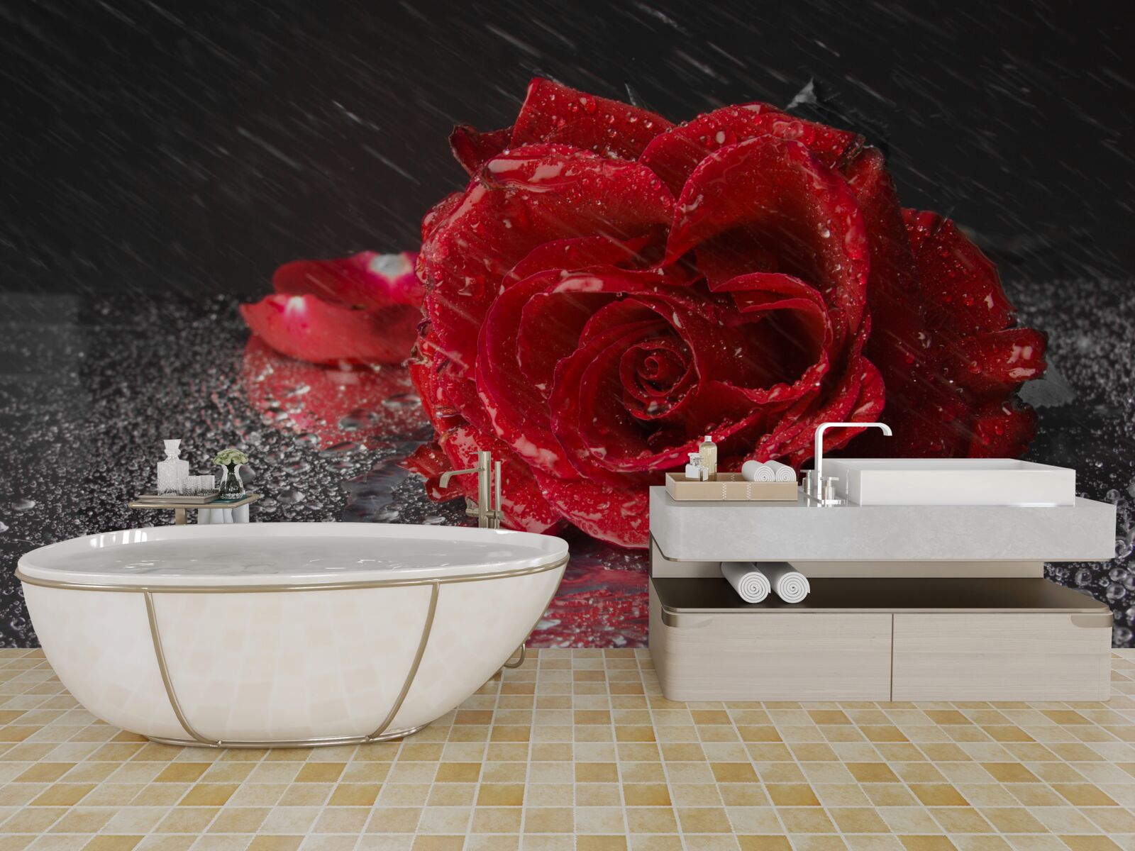 Fototapeten Rose im Regen, rot wie Blut