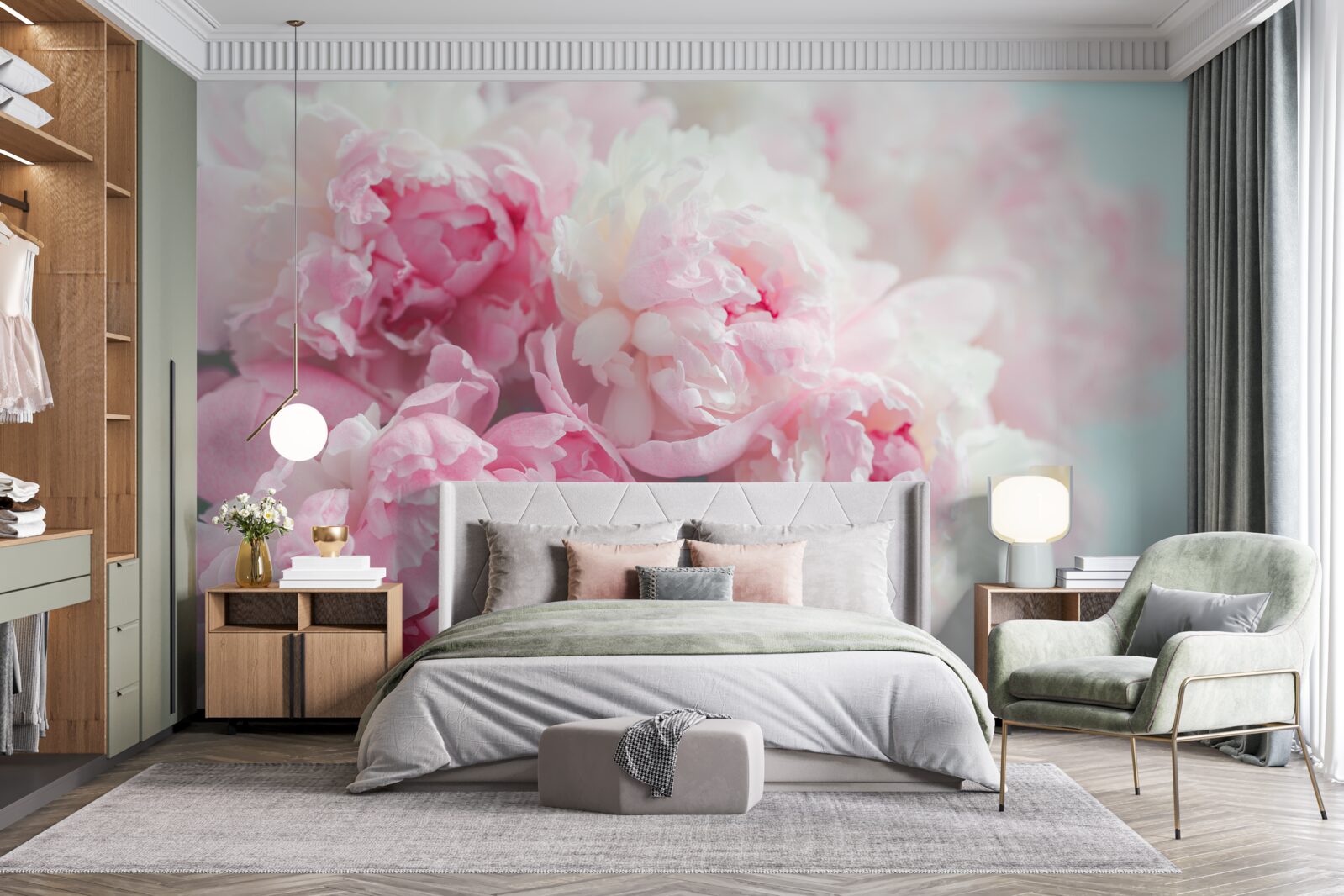 Fototapeten Ein Blumenstrauß mit zarten und anmutigen rosa Pfingstrosen