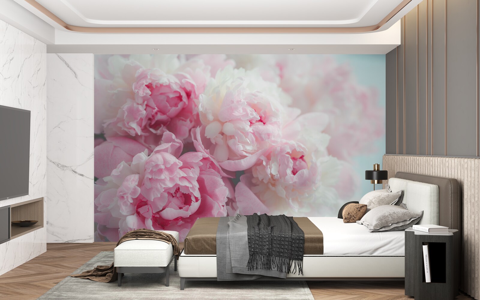 Fototapeten Ein Blumenstrauß mit zarten und anmutigen rosa Pfingstrosen