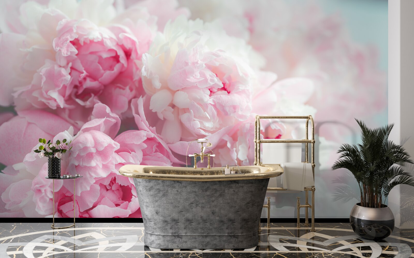 Fototapeten Ein Blumenstrauß mit zarten und anmutigen rosa Pfingstrosen
