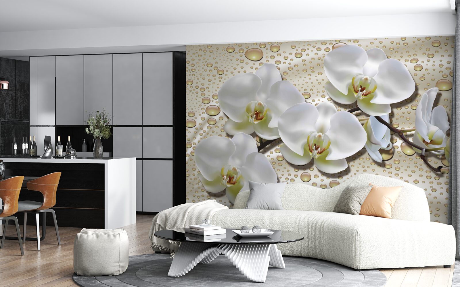 Fototapeten Ein Zweig der weißen Orchidee mit Seidenregen benetzt