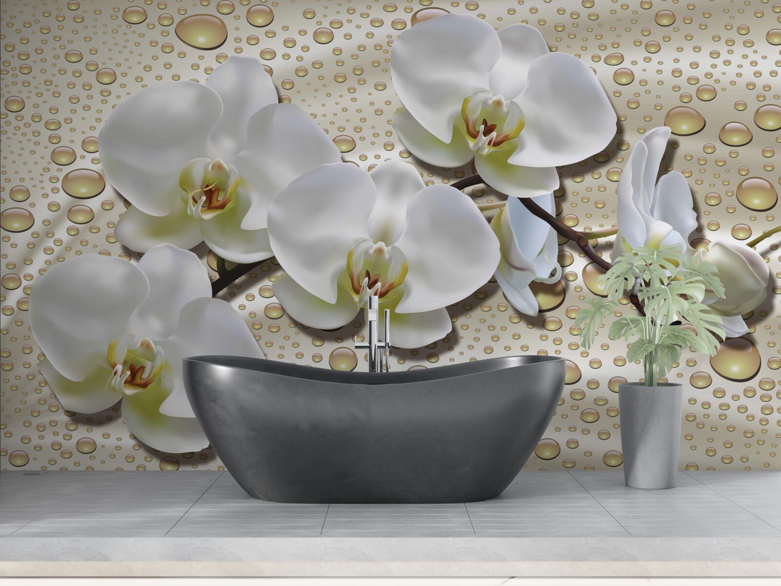 Fototapeten Ein Zweig der weißen Orchidee mit Seidenregen benetzt