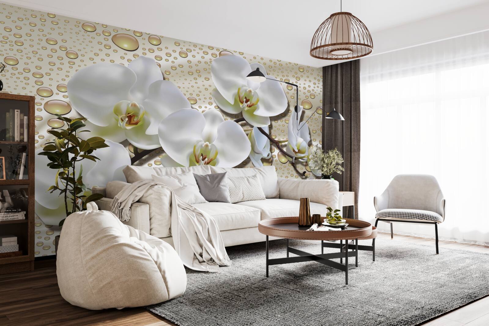 Fototapeten Ein Zweig der weißen Orchidee mit Seidenregen benetzt
