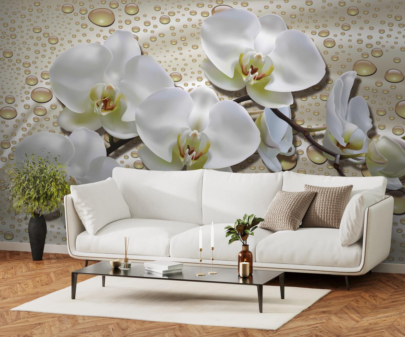 Fototapeten Ein Zweig der weißen Orchidee mit Seidenregen benetzt