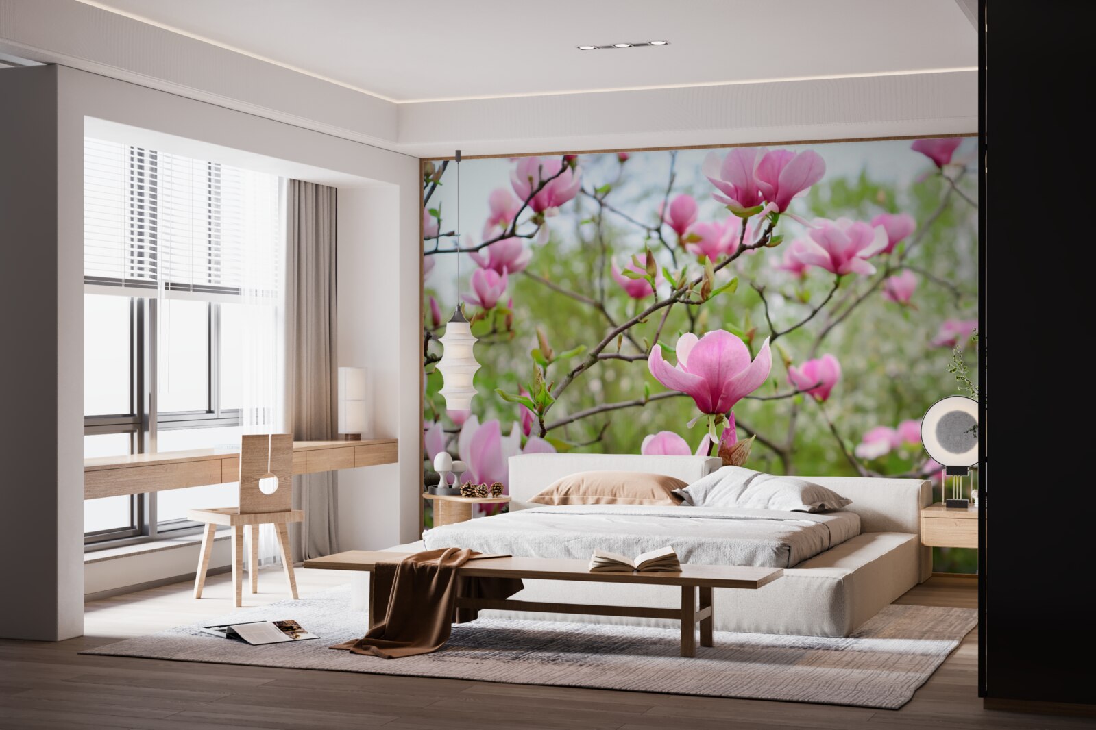Fototapeten Magnoliengarten mit rosa Blumen im Sommer