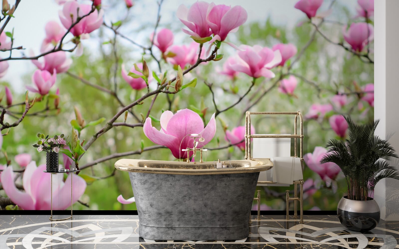 Fototapeten Magnoliengarten mit rosa Blumen im Sommer