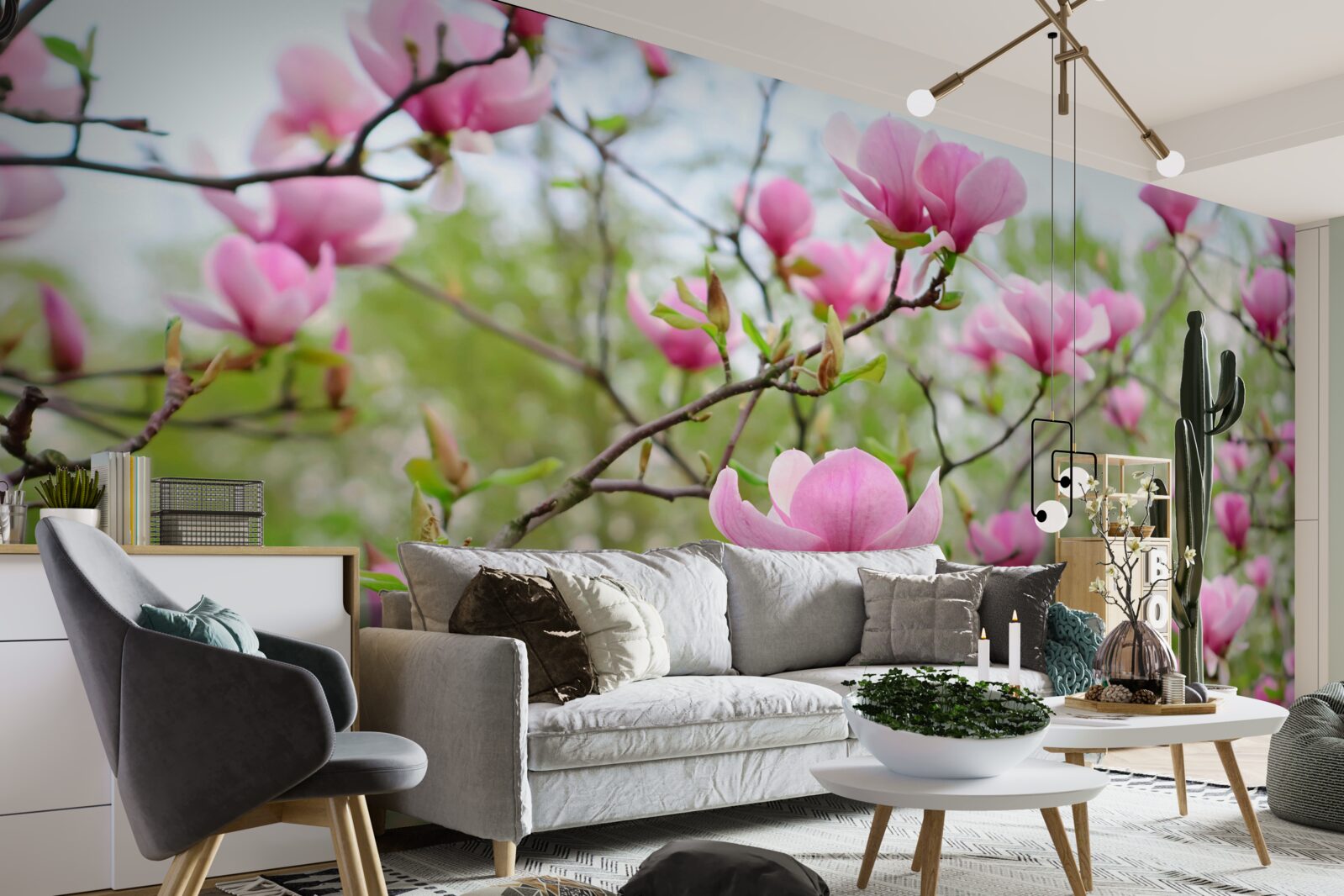 Fototapeten Magnoliengarten mit rosa Blumen im Sommer