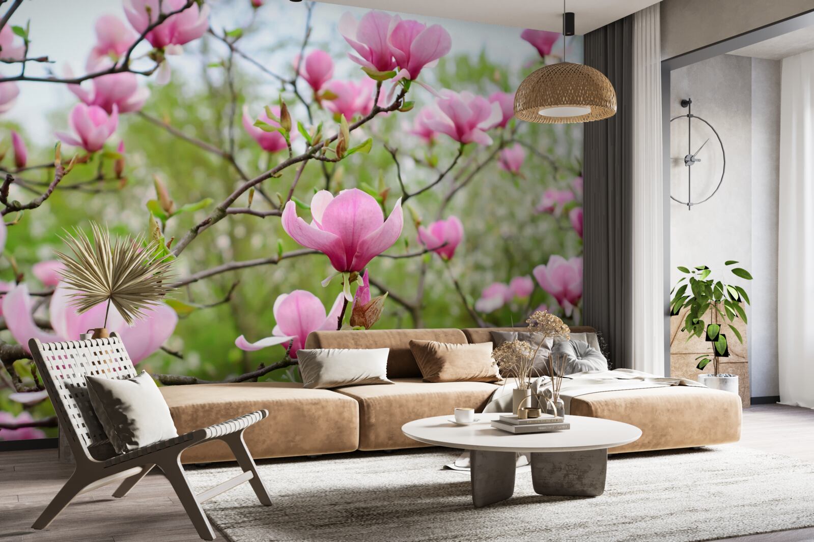 Fototapeten Magnoliengarten mit rosa Blumen im Sommer