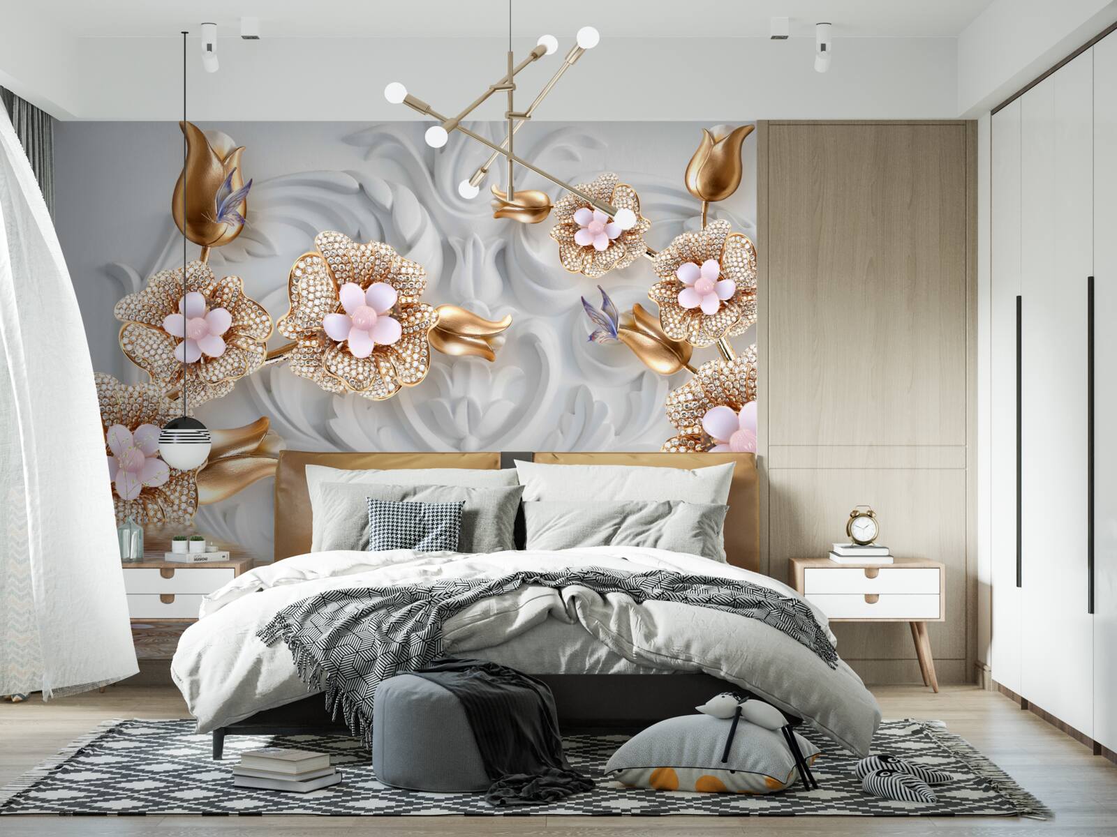 Fototapeten Weiße Blumen, in Braun fertiggestellt und mit Kristallen dekoriert