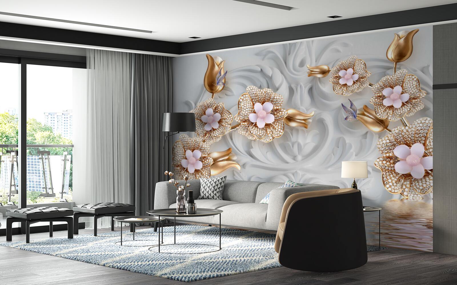 Fototapeten Weiße Blumen, in Braun fertiggestellt und mit Kristallen dekoriert
