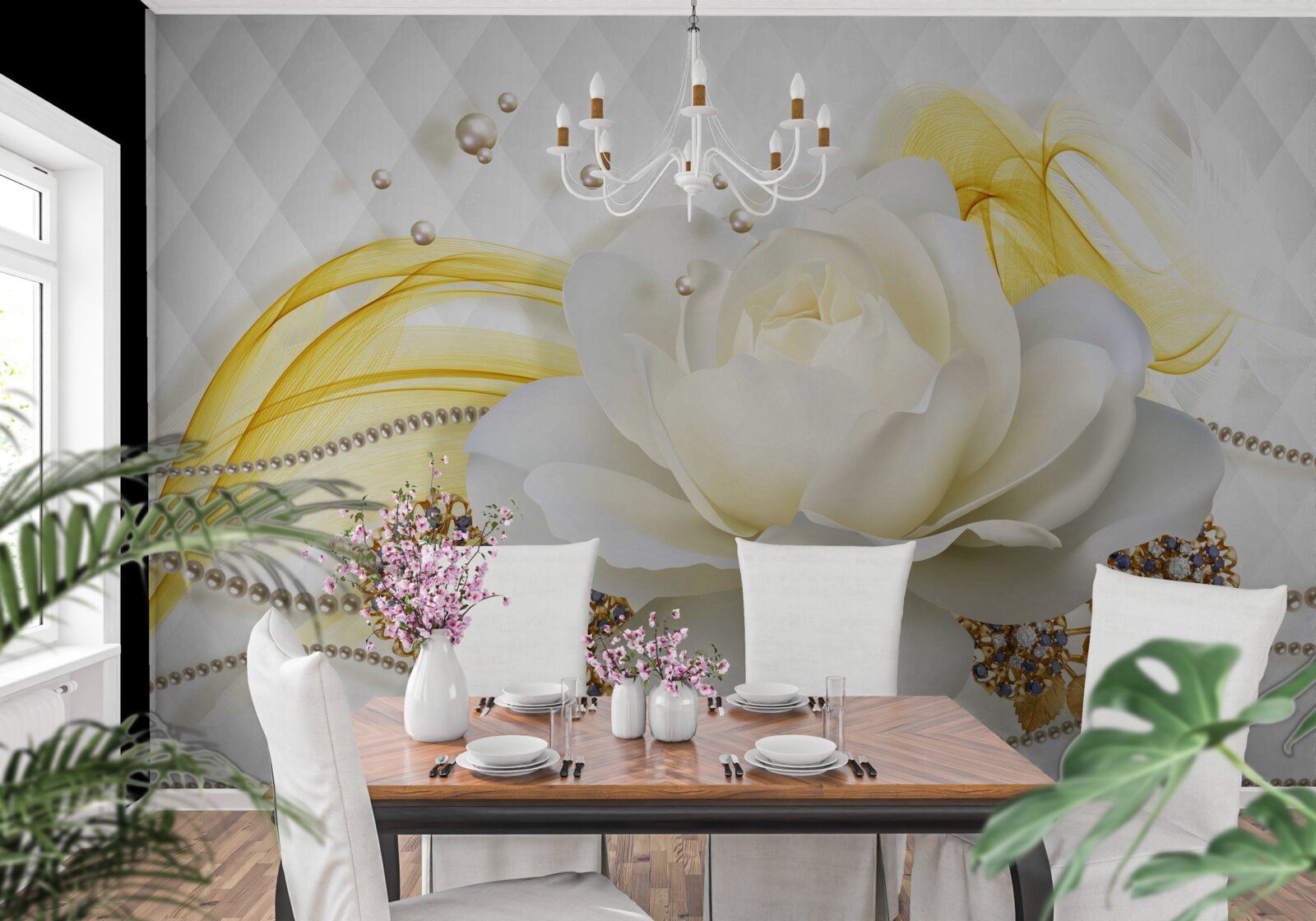 Fototapeten Alabaster Rose und Broschen mit Steinen eingelegt