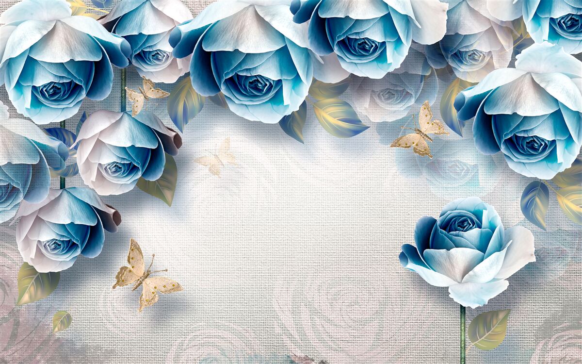 Fototapeten Schmetterlinge und blaue Rosen