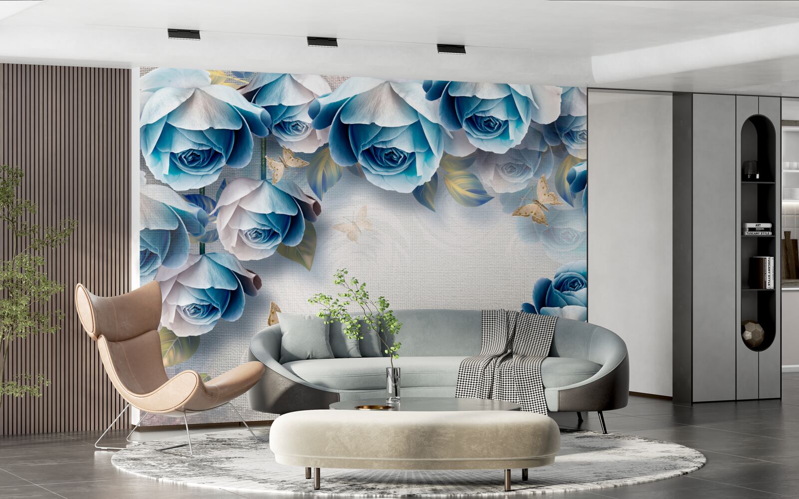 Fototapeten Schmetterlinge und blaue Rosen