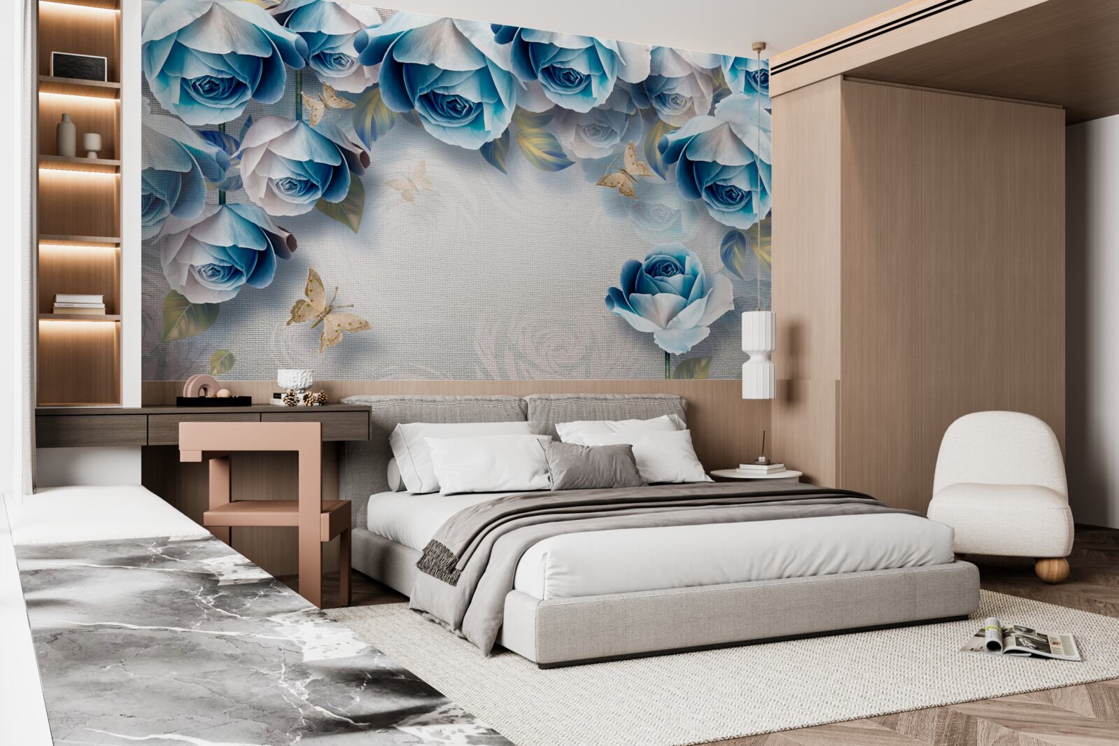 Fototapeten Schmetterlinge und blaue Rosen