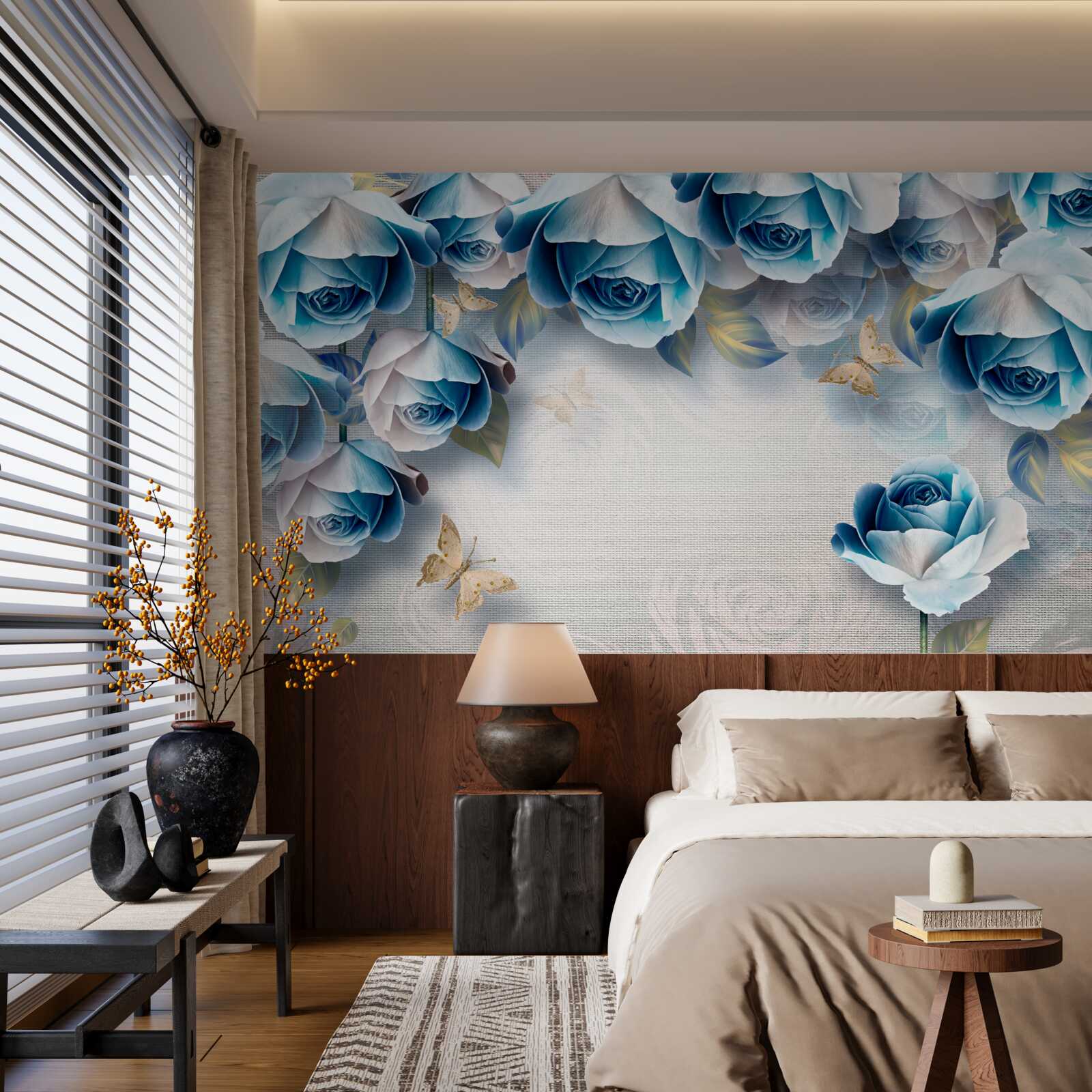 Fototapeten Schmetterlinge und blaue Rosen