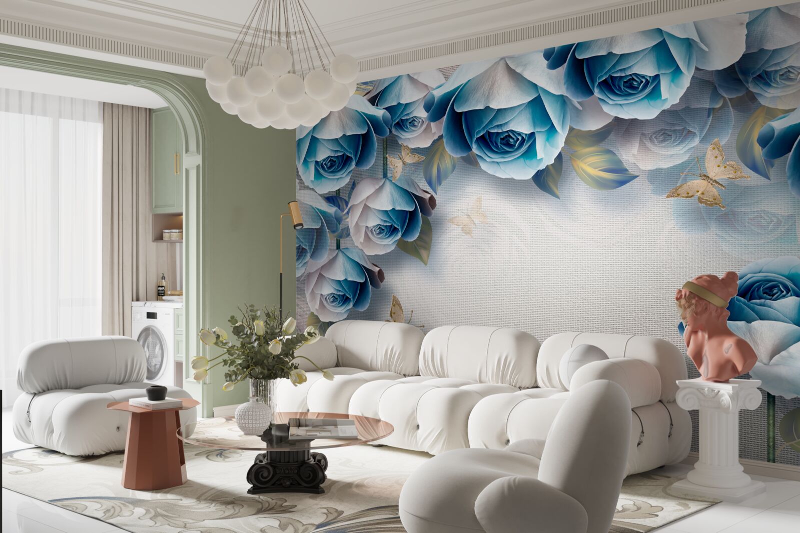 Fototapeten Schmetterlinge und blaue Rosen