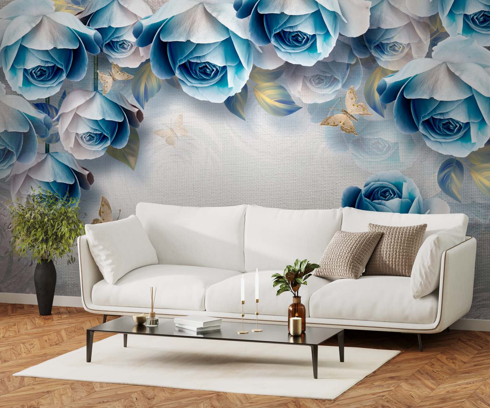 Fototapeten Schmetterlinge und blaue Rosen