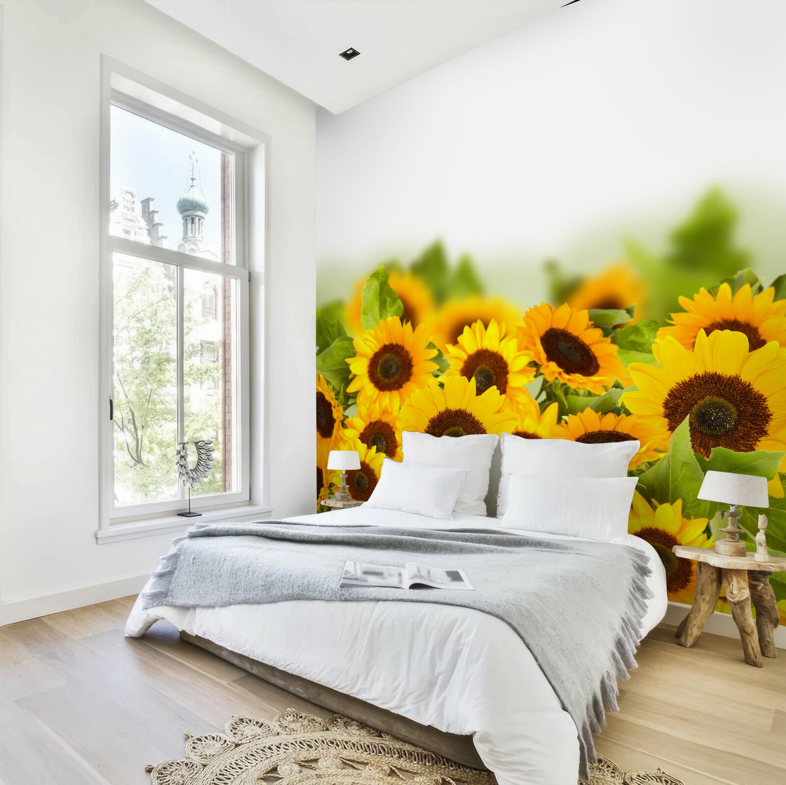 Fototapeten Ein Feld mit bunten Sonnenblumen dekoriert