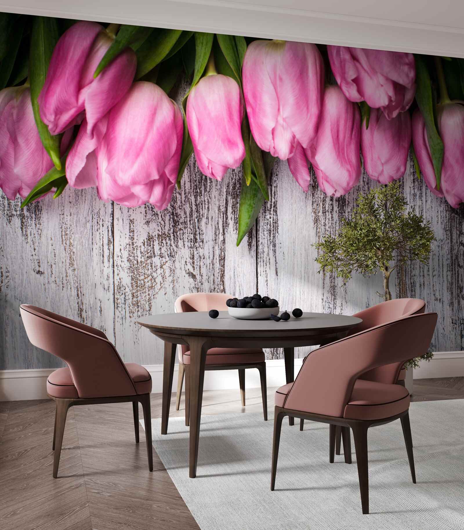 Fototapeten Rosa Tulpen auf einem hölzernen Hintergrund