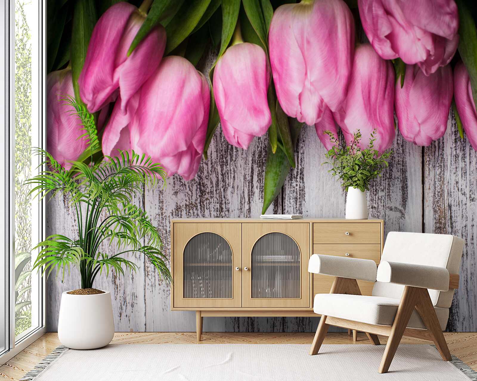 Fototapeten Rosa Tulpen auf einem hölzernen Hintergrund