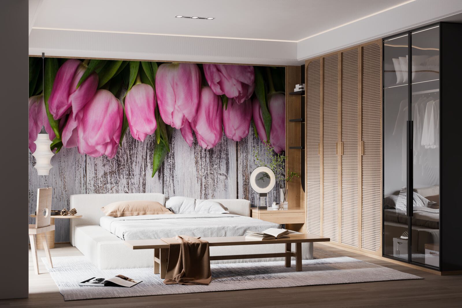 Fototapeten Rosa Tulpen auf einem hölzernen Hintergrund