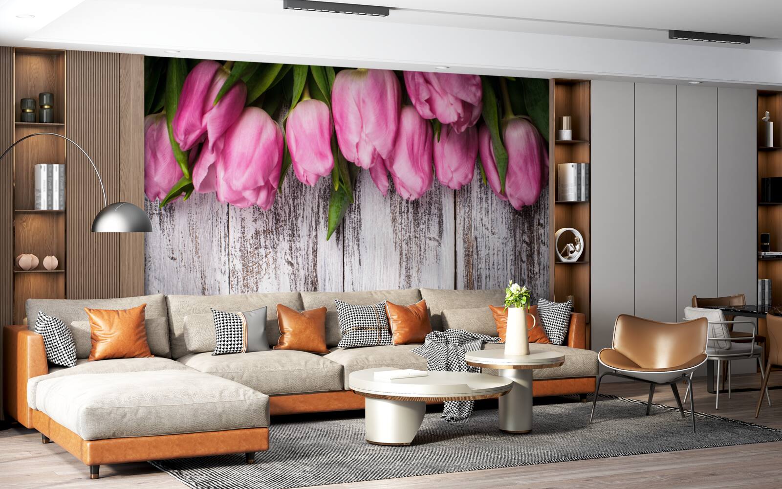 Fototapeten Rosa Tulpen auf einem hölzernen Hintergrund