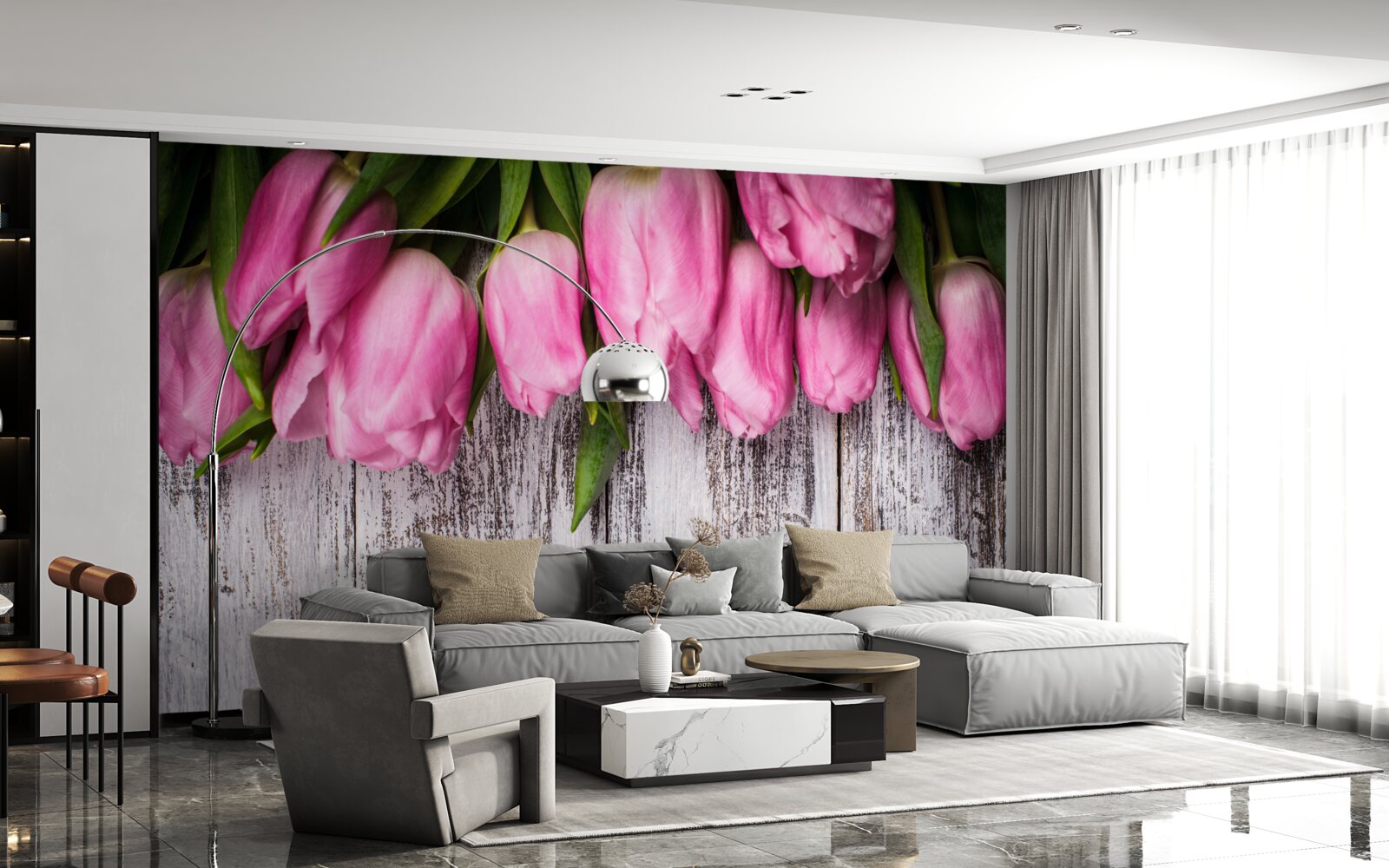 Fototapeten Rosa Tulpen auf einem hölzernen Hintergrund